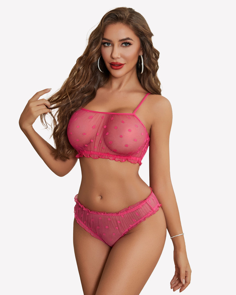 Mesh bra and panty set in dark pink with red polka dots, lace trim and ruffled edges (side view)
