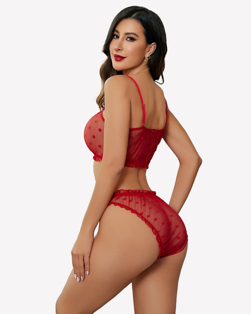 Red mesh lingerie bra and panty set with dotted print and scalloped ruffle trim.