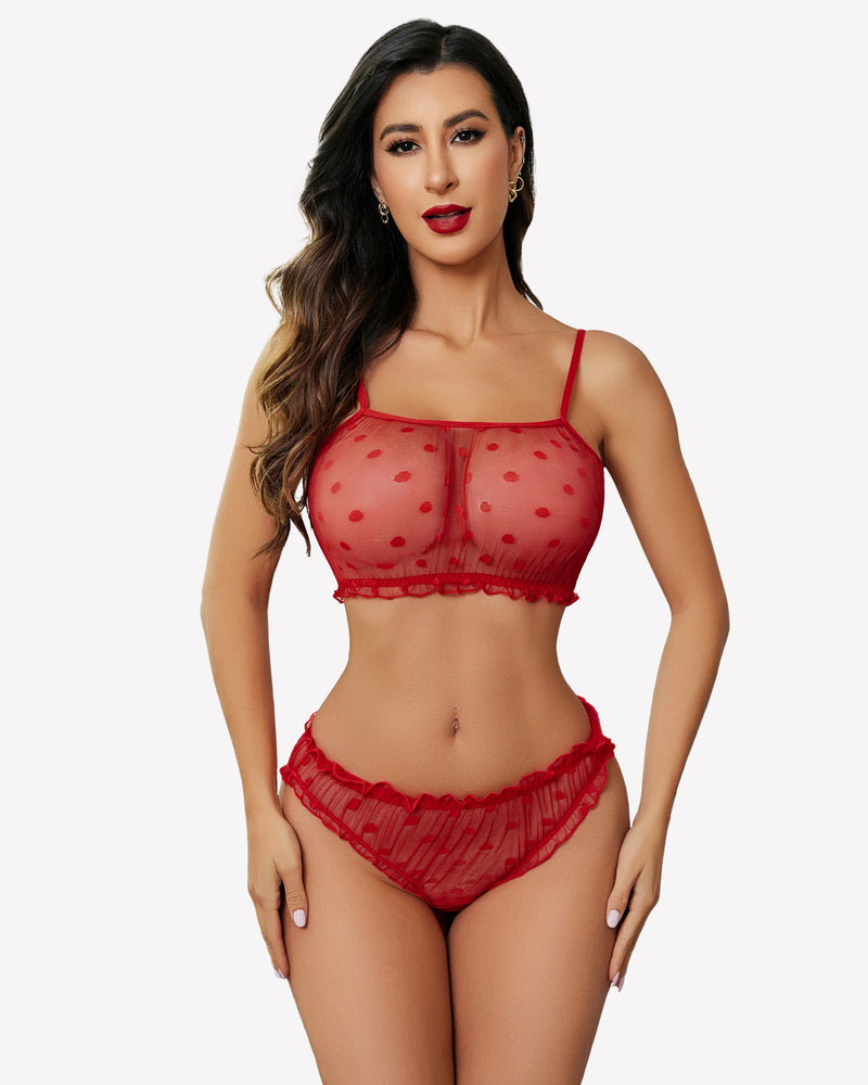 Red mesh bra and panty set, dotted pattern, scalloped trim, adjustable straps.
