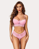 Pink lace bra and panty set with sheer lace briefs and scalloped edges