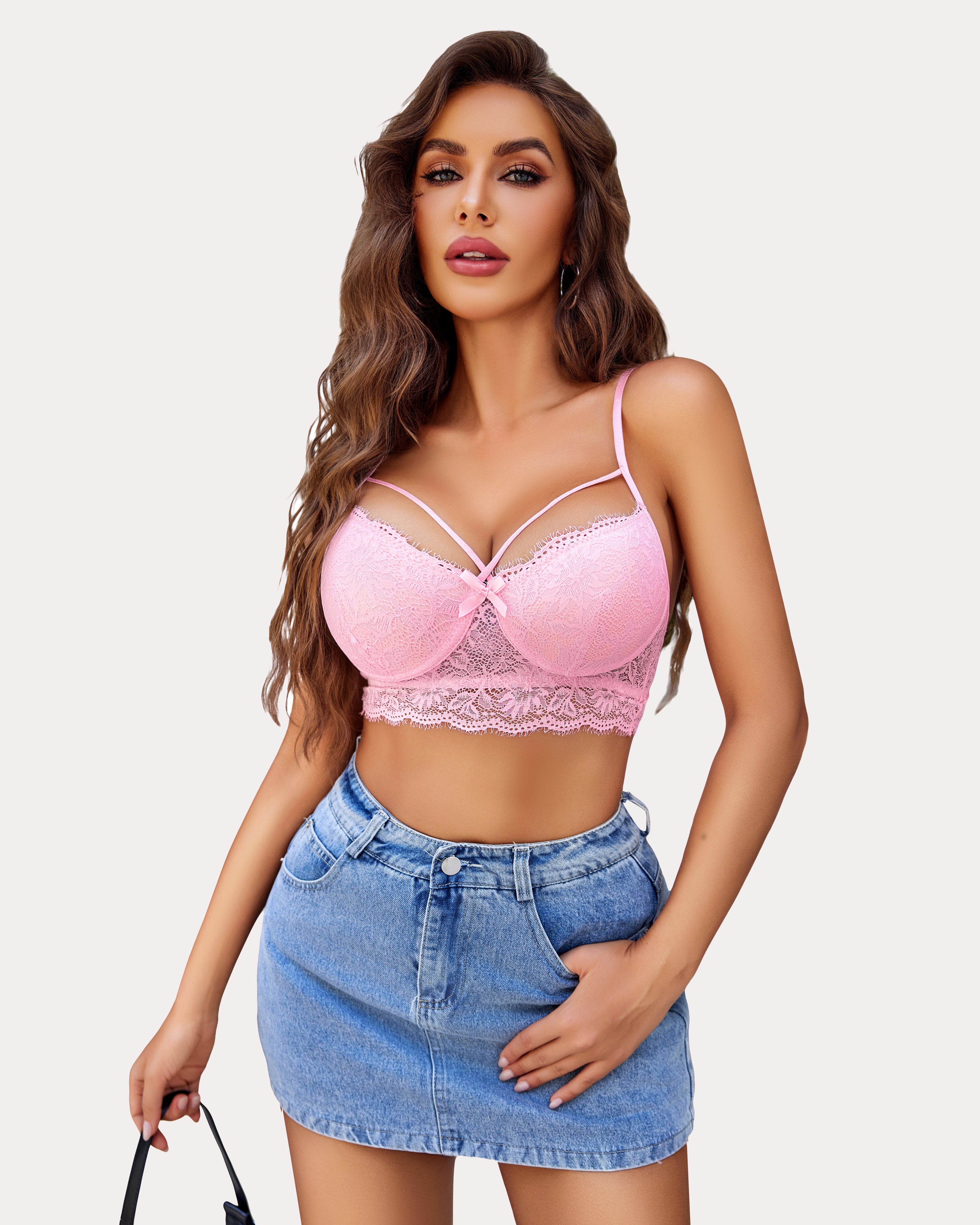 Pink lace bra and matching panty set with underwire cups and scalloped hem