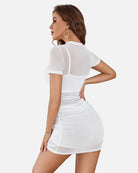 Bodycon mesh mini dress in white, ruched silhouette, back view with sheer short sleeves