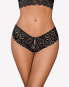 Black lace crotchless hipster panty with front keyhole detail and crisscross straps
