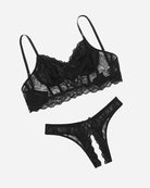 Black lace bra and crotchless panty set, sheer balconette cups and lace thong