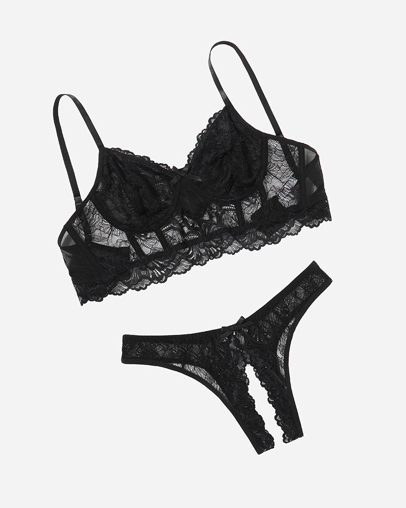 Black lace bra and crotchless panty set, sheer balconette cups and lace thong