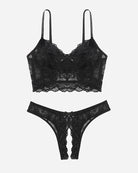 Black lace bra and crotchless panty set with sheer panels and scalloped edges
