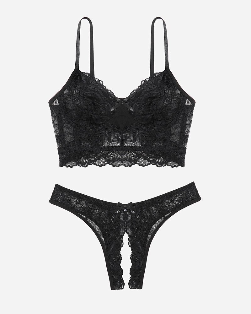 Black lace bra and crotchless panty set with sheer panels and scalloped edges
