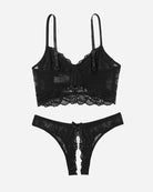 Black lace bralette and crotchless panty set with front hook detail and lace trim