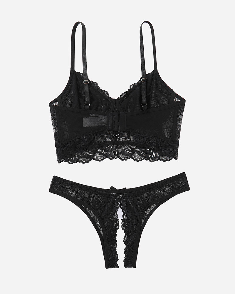 Black lace bralette and crotchless panty set with front hook detail and lace trim