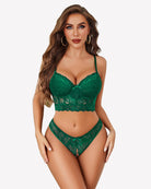 Green lace bralette and crotchless panty set with underwire cups and scalloped lace