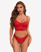 Red lace bralette and crotchless panty set with underwire cups and scalloped lace trim