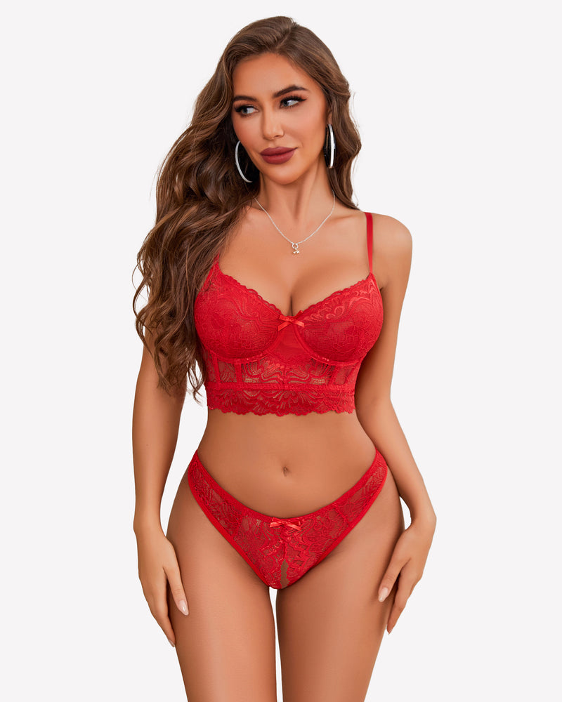 Red lace bralette and crotchless panty set with underwire cups and scalloped lace trim