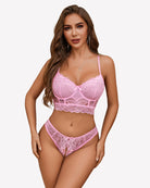 Pink lace bralette and crotchless panty set with underwire cups and thong-style cut