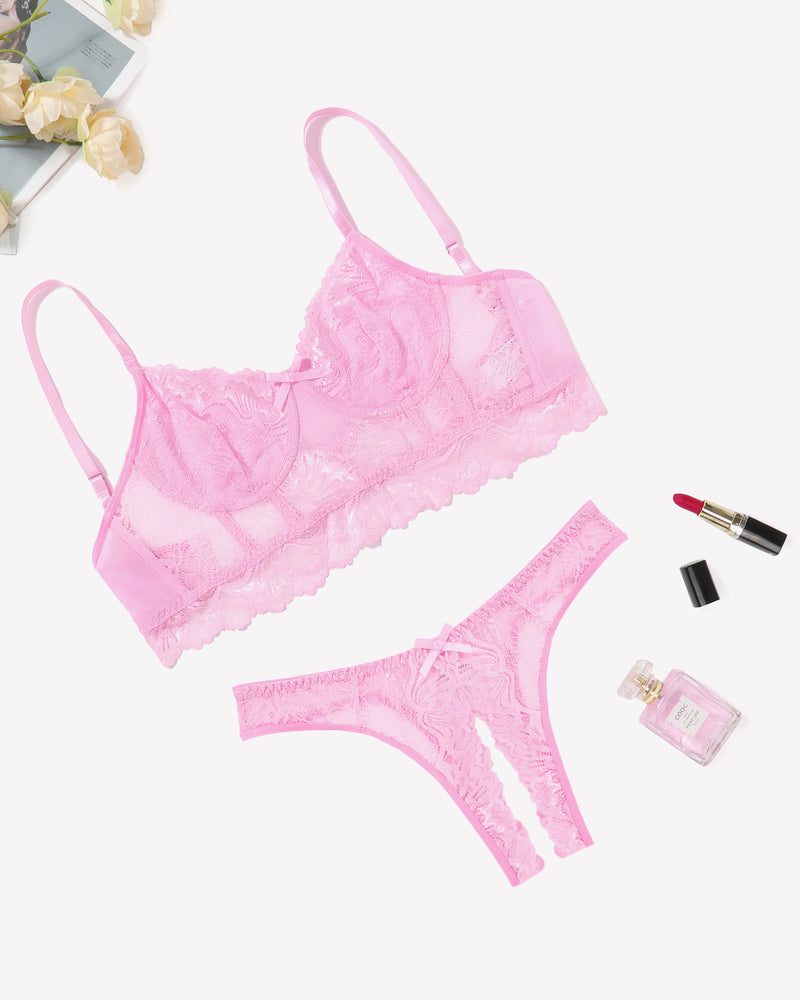 Pink lace bra and crotchless panty set with ruffled lace trim and thong-style back
