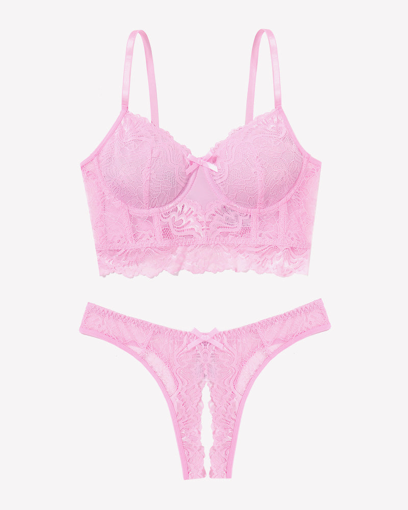 Pink lace bralette and crotchless panty set with underwire cups and lace thong