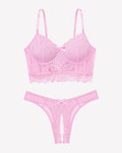 Pink lace bralette and crotchless panty set with underwire cups and lace thong