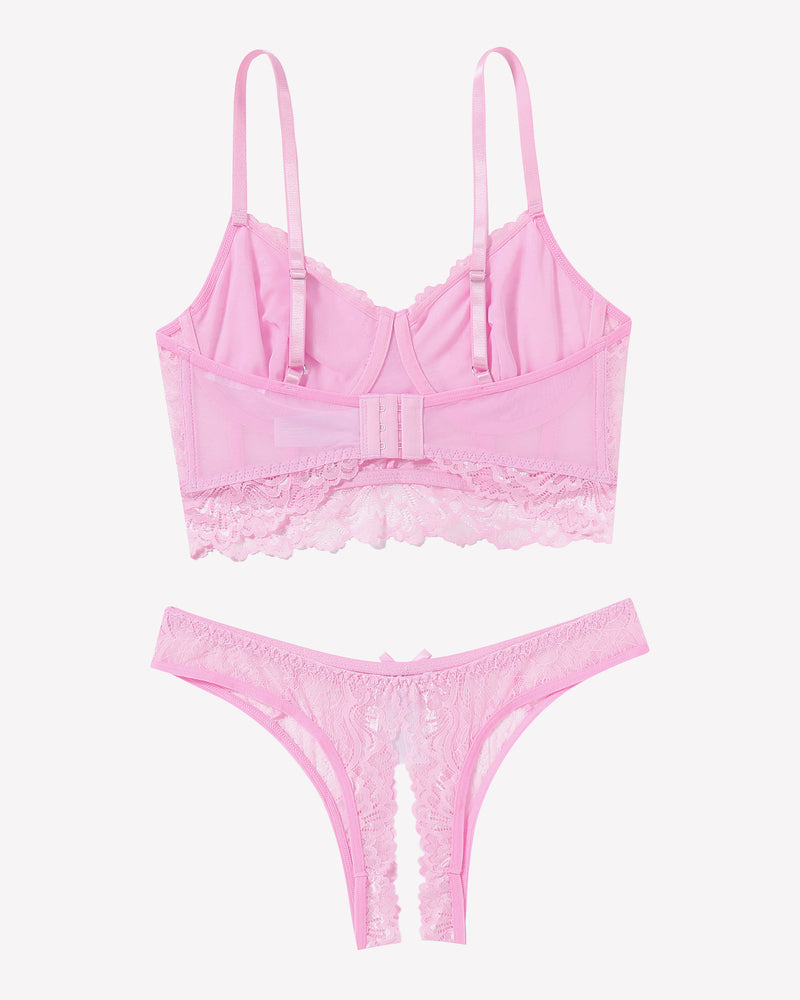 Pink lace bralette and crotchless panty set with adjustable straps and scalloped trim