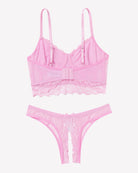 Pink lace bralette and crotchless panty set with adjustable straps and scalloped trim