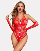 Red fishnet mesh bodysuit with halter neckline, front pom-pom accents, and long sleeves.