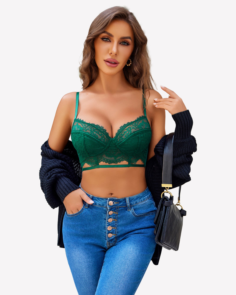 Green lace bra and panty set, lace balconette bra with matching underwear briefs