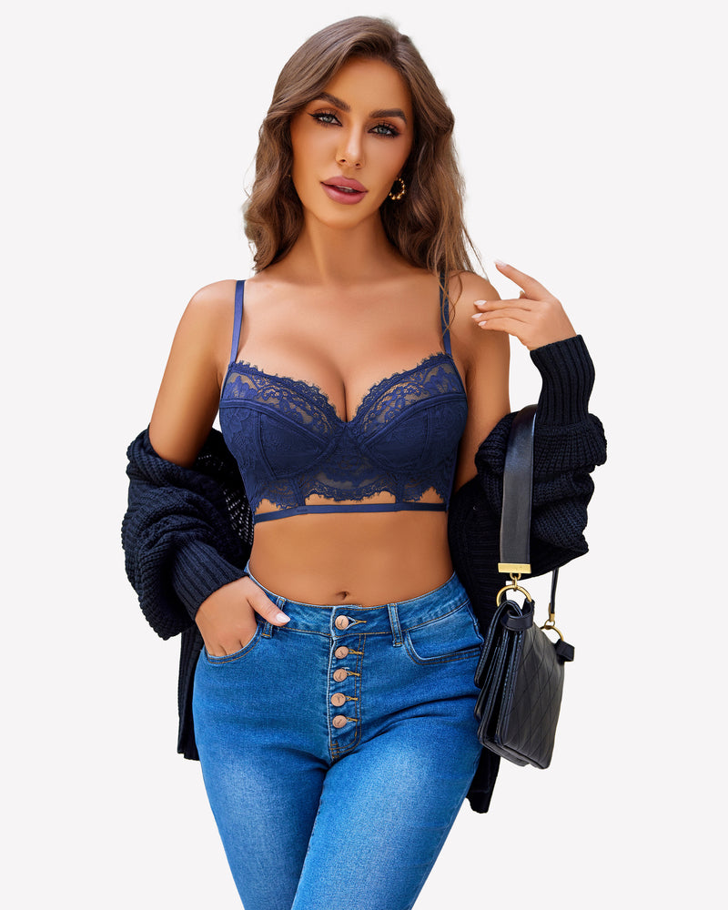 Navy lace bra and panty set with lace bralette cups and matching hipster panties