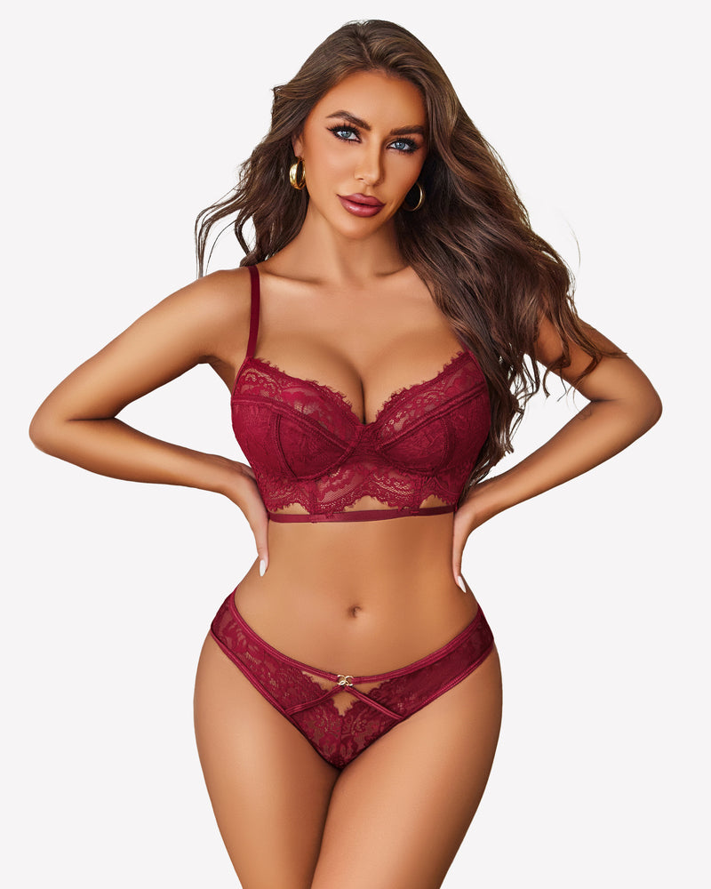Wine red lace bra and panty set with underwire cups and lace hipster panties