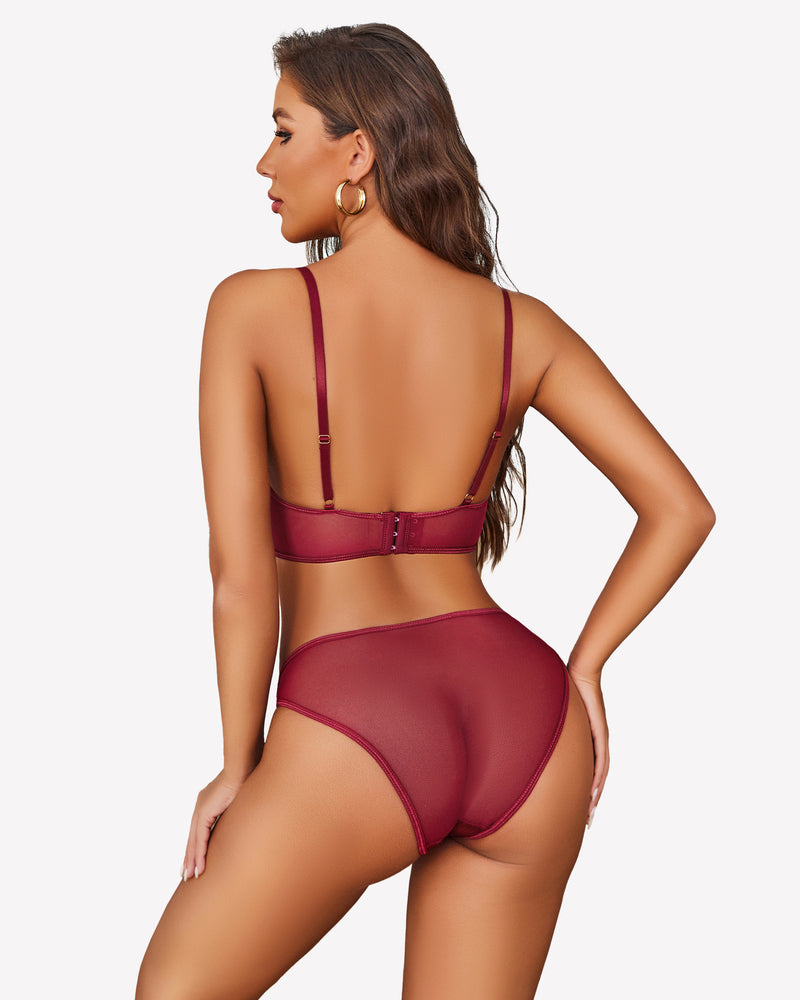 Burgundy lace bra and panty set with adjustable back straps and high-cut briefs