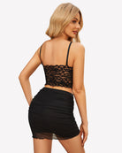 Black ruched double-layer mini skirt with gathered ruching and scalloped mesh hem