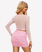 Ruched double-layer mini skirt, pink, ruched fabric and scalloped hem