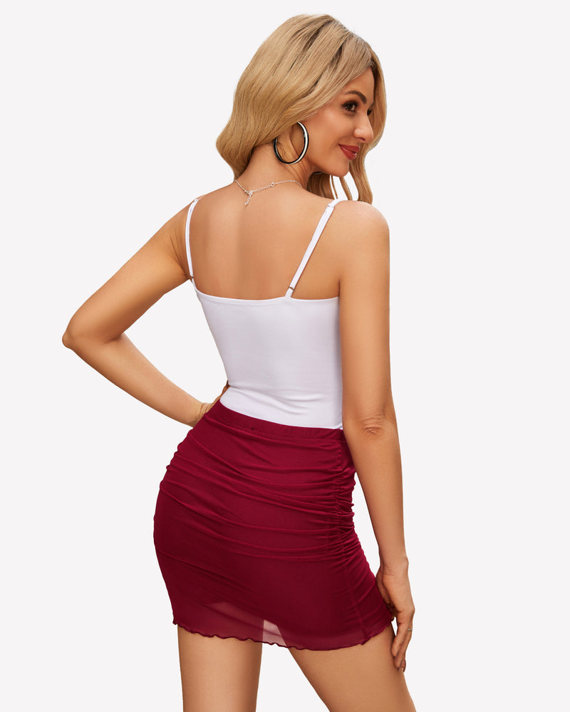 Wine red ruched double-layer mini skirt with gathered tiers and scalloped hem edge