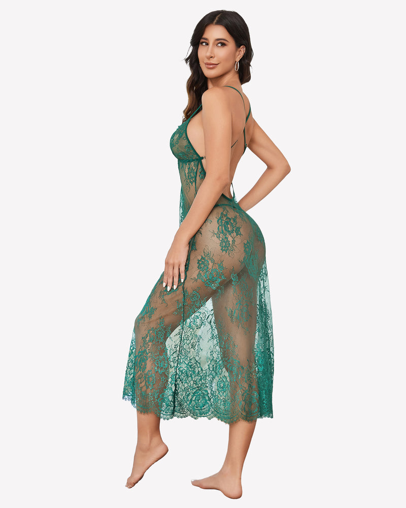 Green floral lace halter lingerie dress, side view, lace scalloped hem