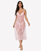 Pink floral lace halter lingerie dress with scalloped V-neck