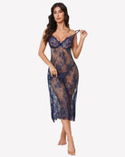 Navy blue floral lace halter lingerie dress with scalloped V-neckline