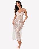White floral lace halter lingerie dress with underwire cups and scalloped hem