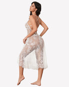 Floral lace halter lingerie dress, white, open-back midi length with scalloped hem.