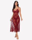 Wine red floral lace halter lingerie dress, midi length, sheer lace panel