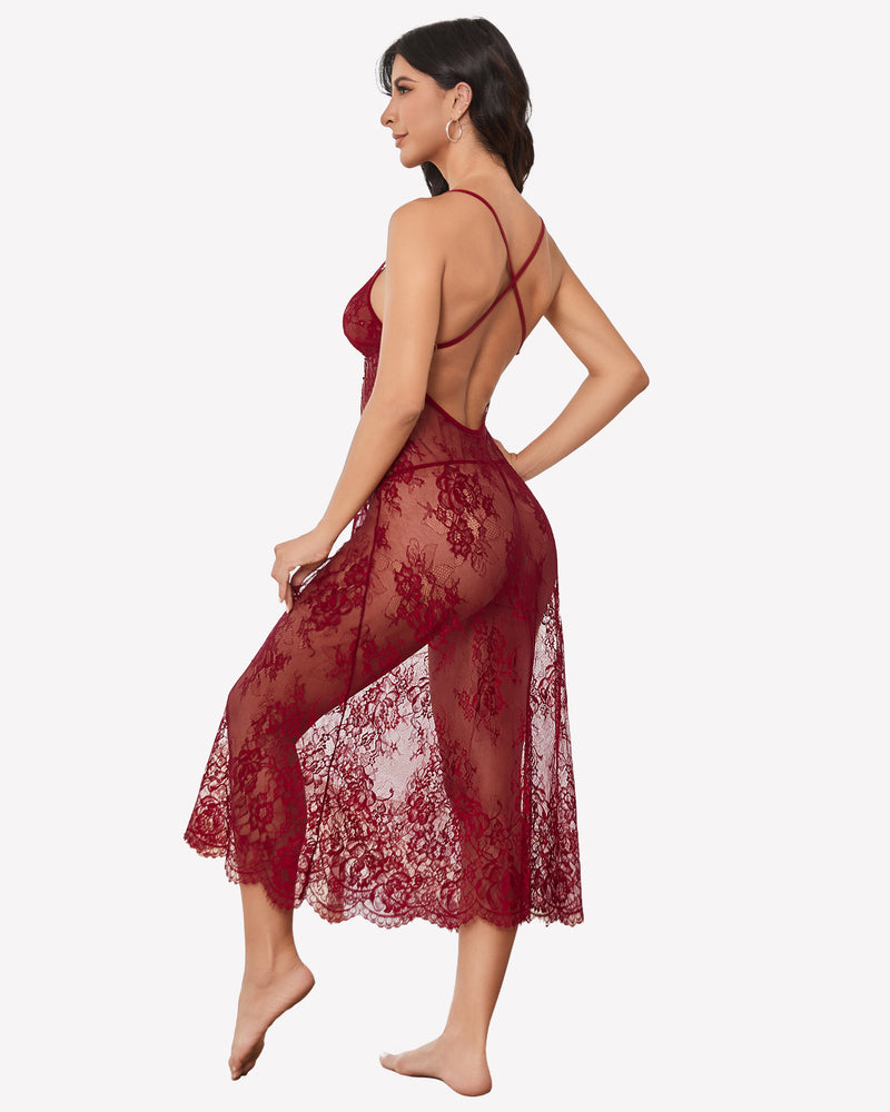 Wine red floral lace halter lingerie dress, scalloped lace hem, sheer panel