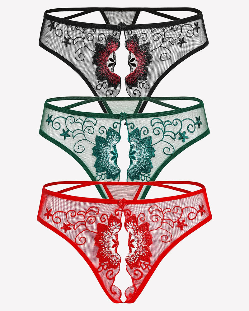 Floral embroidered thong panties in black, green, and red mesh with cutout sides.
