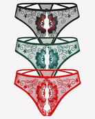 Floral embroidered thong panties in black, green, and red mesh with cutout sides.