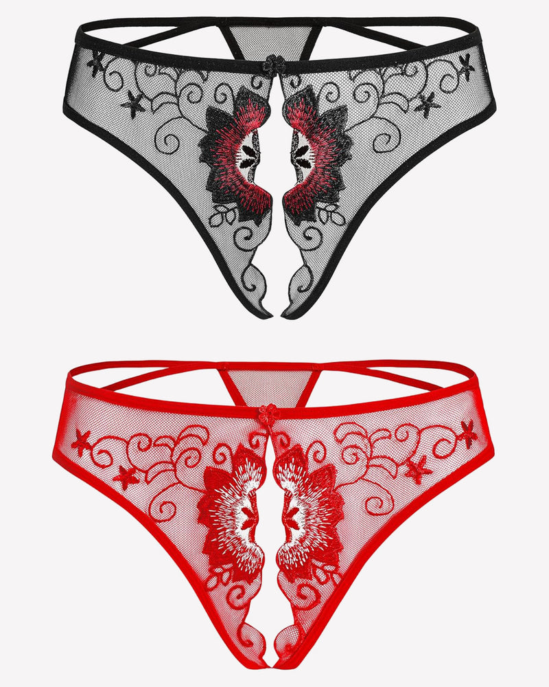 Floral embroidered thong panties in black mesh and red mesh with lace trim.
