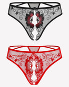 Floral embroidered thong panties in black mesh and red mesh with lace trim.