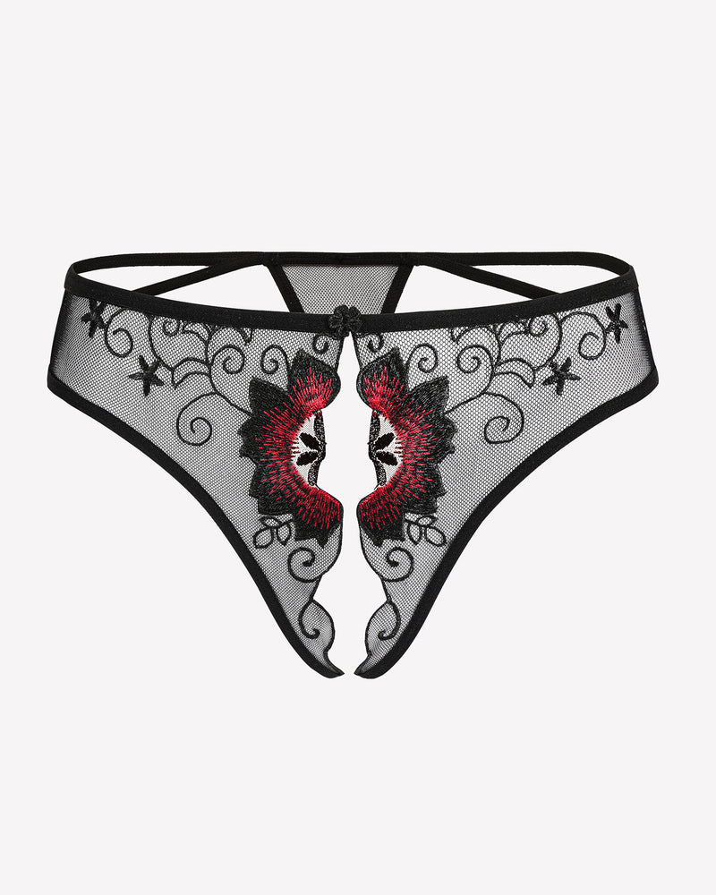 Black mesh floral embroidered thong panty with scalloped lace trim and crisscross straps.
