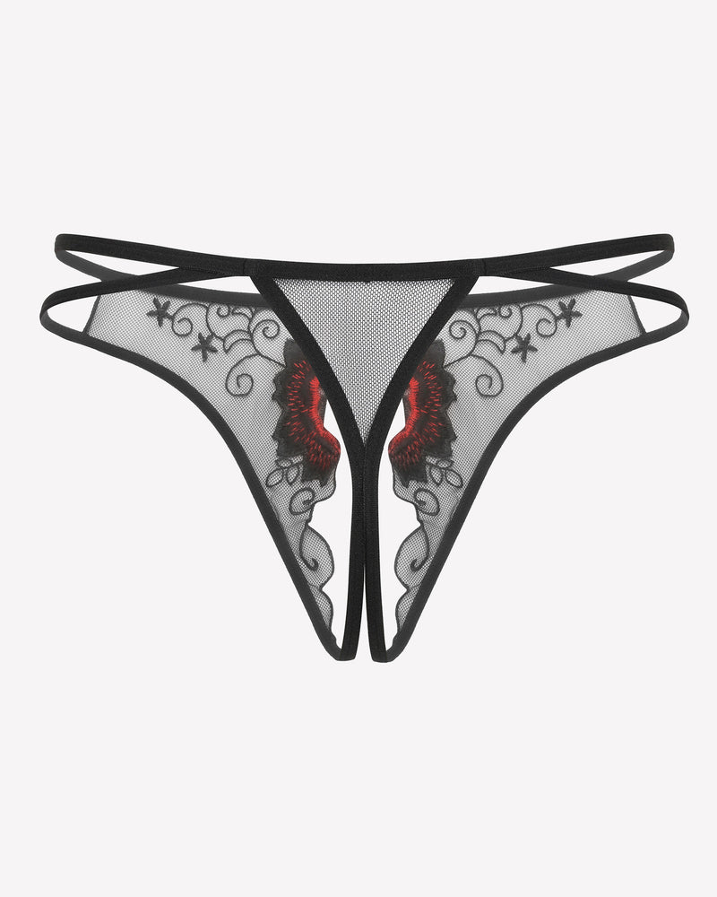 Black mesh thong panty with floral embroidery and cutout front with crisscross straps.