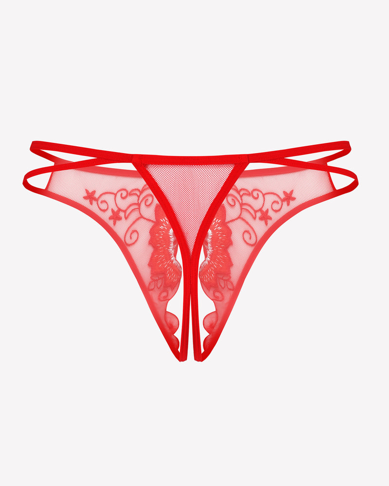 Red mesh floral embroidered thong panty with crisscross straps and scalloped lace trim.