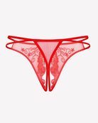 Red mesh floral embroidered thong panty with crisscross straps and scalloped lace trim.