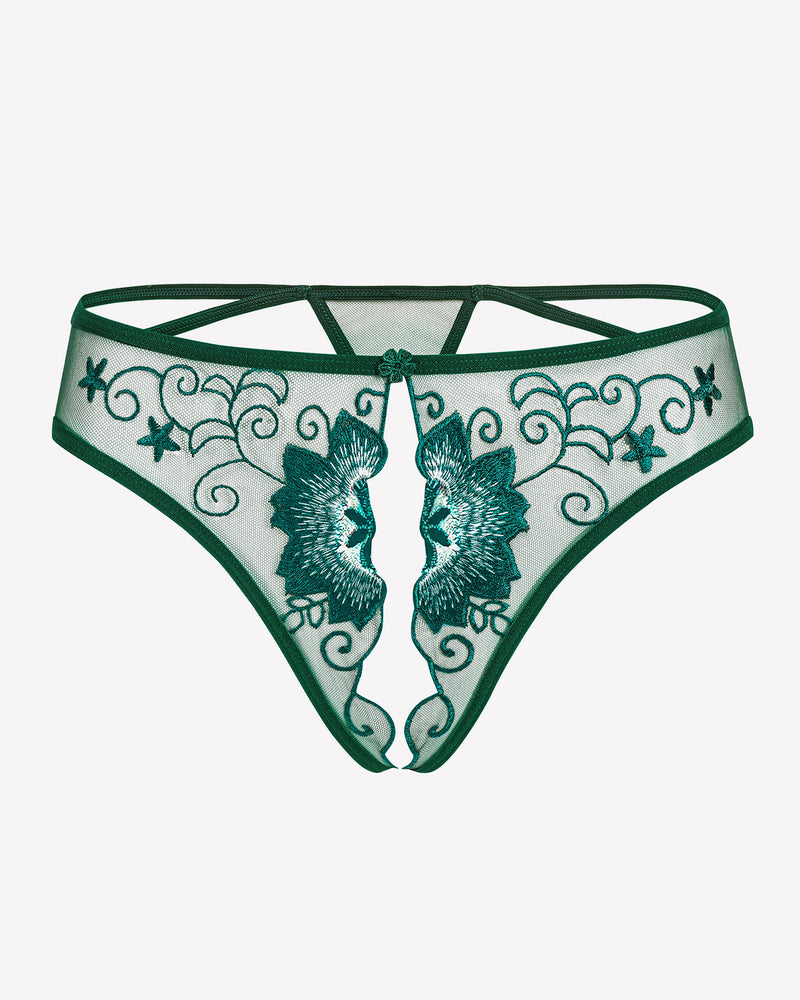 Green and white embroidered thong panties with floral swirl pattern and bow-tie center