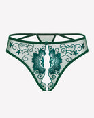 Green and white embroidered thong panties with floral swirl pattern and bow-tie center