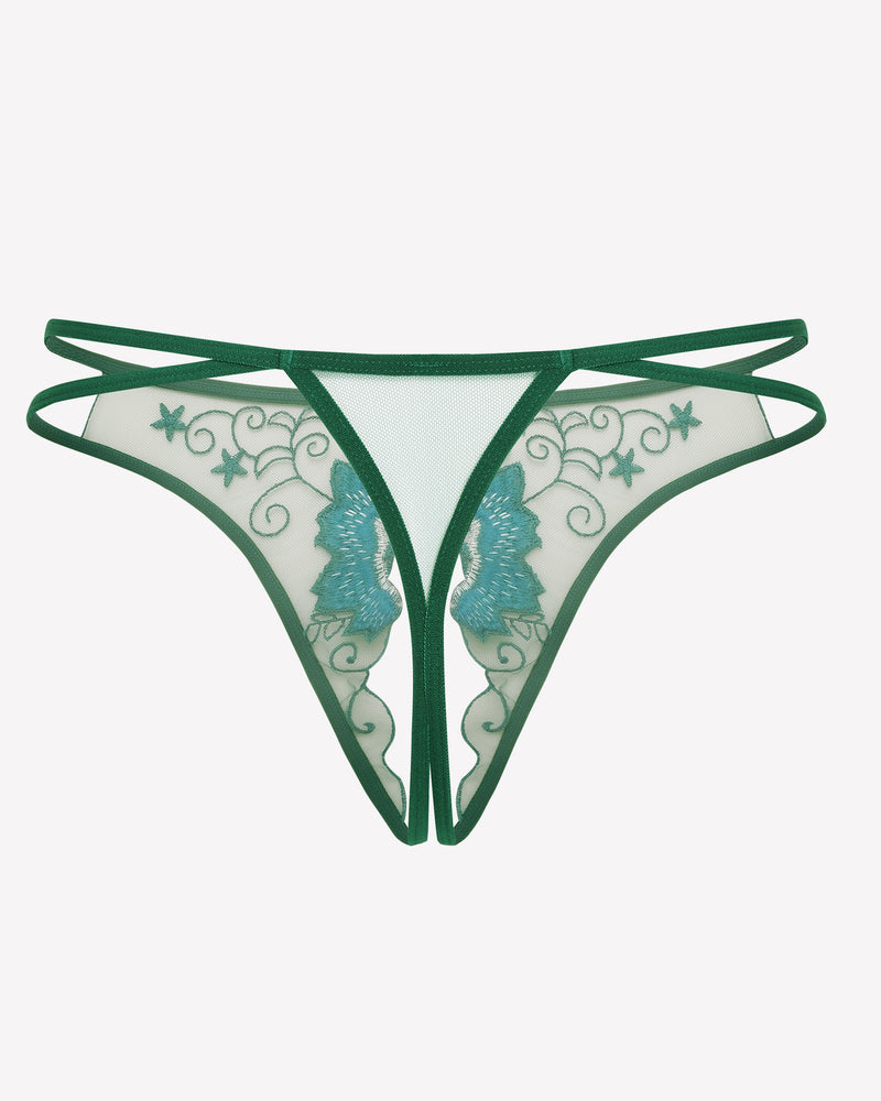 White thong panties with turquoise embroidered floral motif and lattice side straps