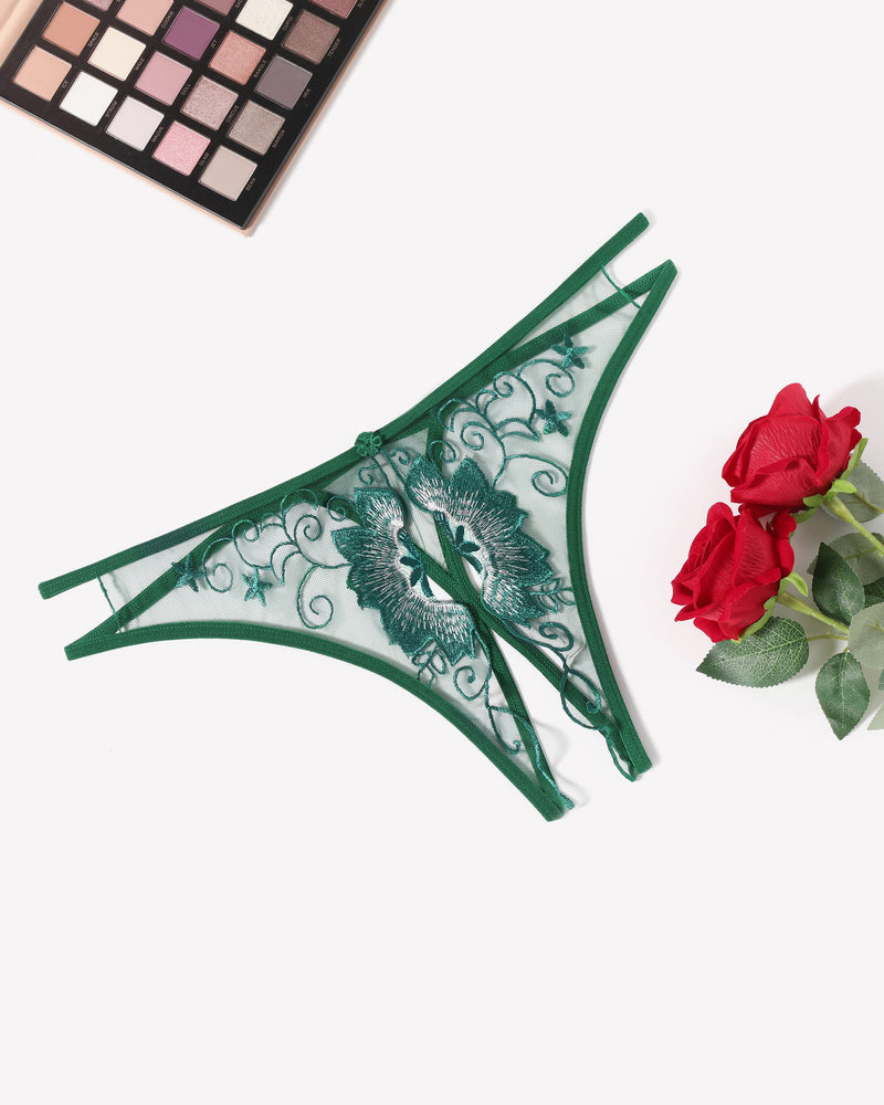 Green embroidered thong panties with floral swirl trim and scalloped lace edges