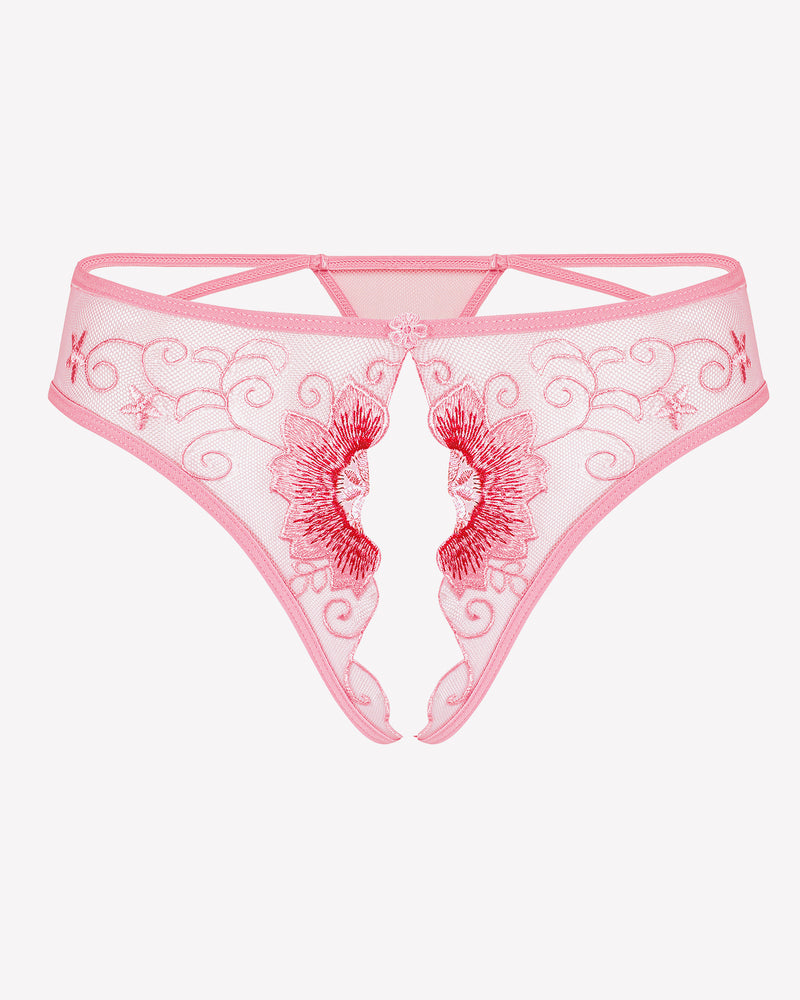 Pink embroidered thong panties with floral swirl design and heart-shaped eyelet
